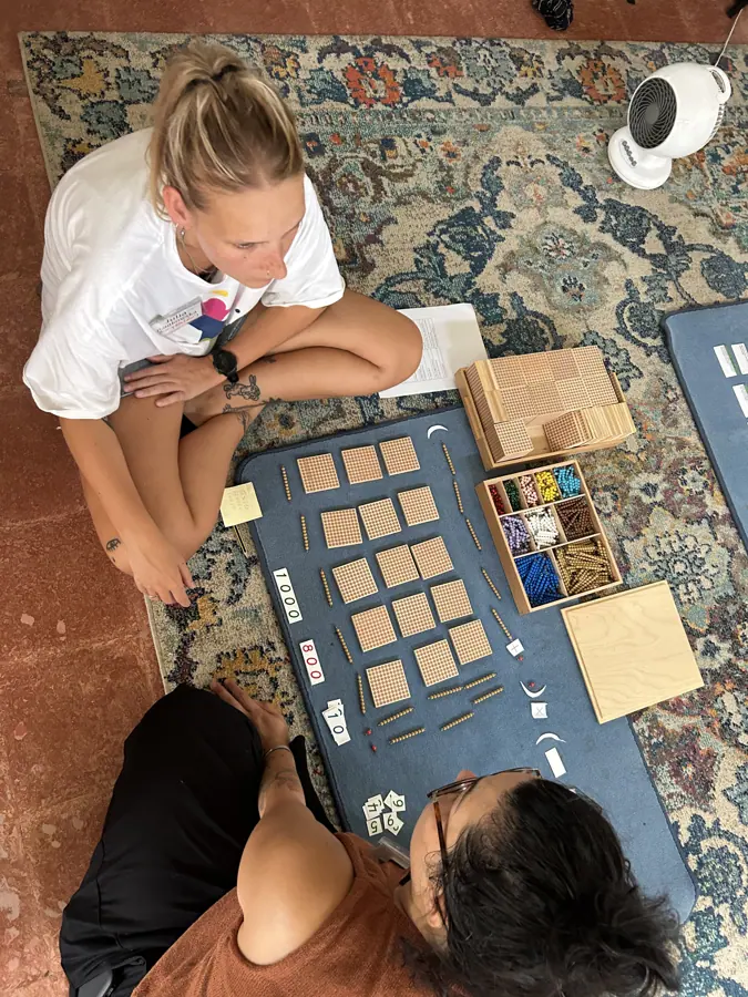 overhead view of two participants working with a material on the floor