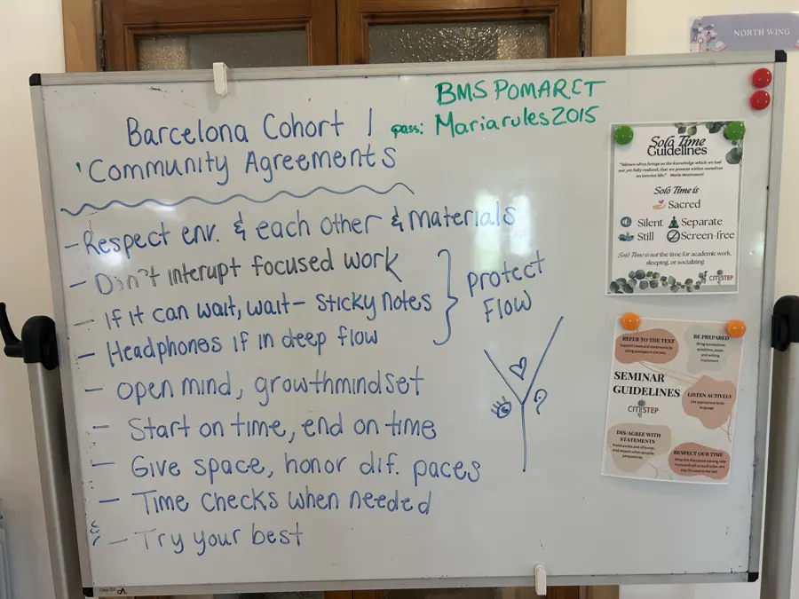 a whiteboard listing the cohort's community agreements